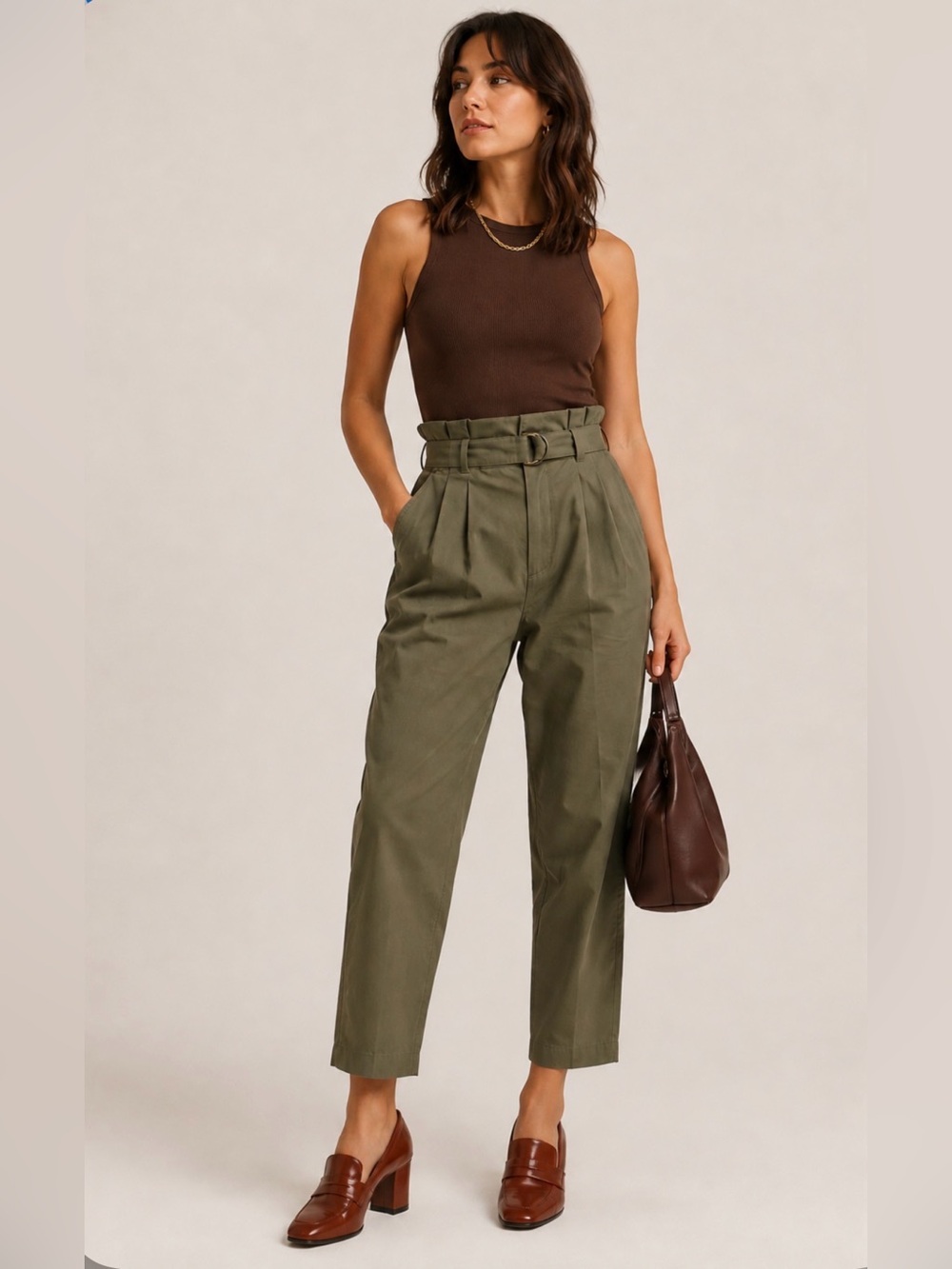 🫒Banana Republic Olive Green Paperbag Waist Cropped Pants | Size 14 | NWT
